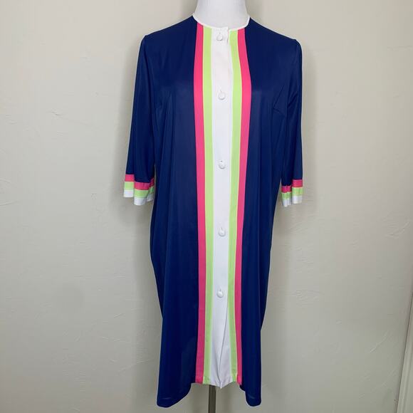 Vintage Button Front Nylon Robe Blue Pink Lime Green White Stripes Sz Small - Picture 1 of 12